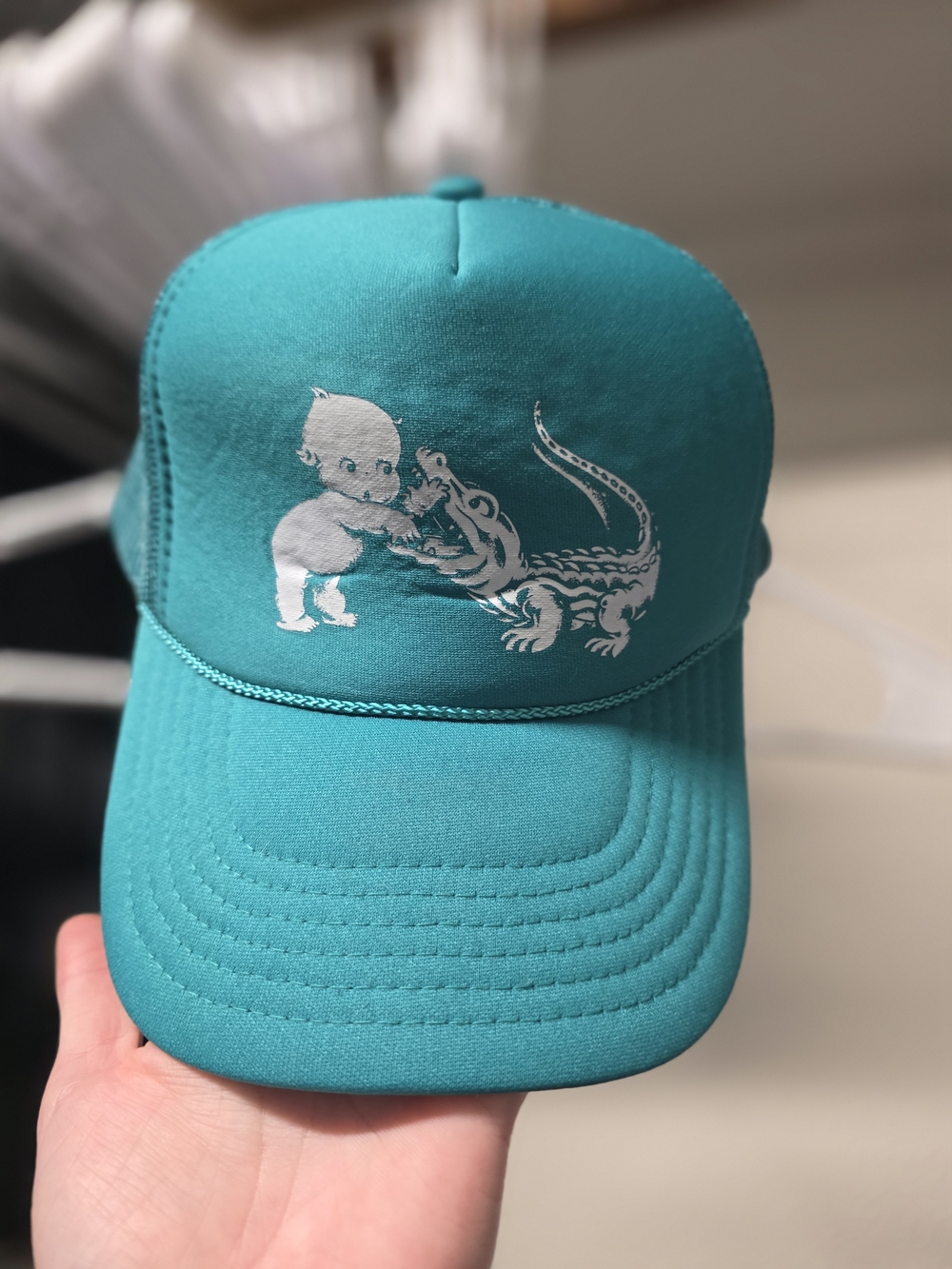 Teal Trucker Hat with Kewpie Doll & Alligator Graphic